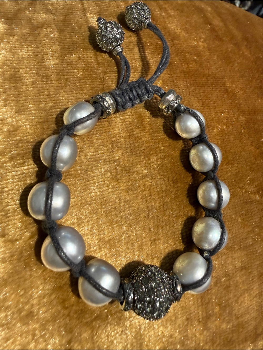 Gray Pearl Macrame Bracelet with Pavé Accent
